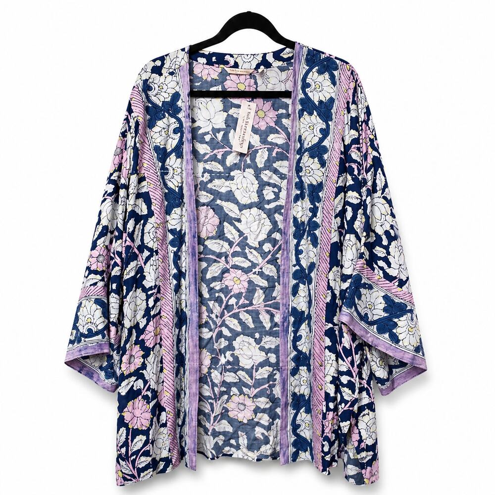 Soft Surroundings 1X NWT Floral Kimono Cardigan Blue Purple Boho Rayon